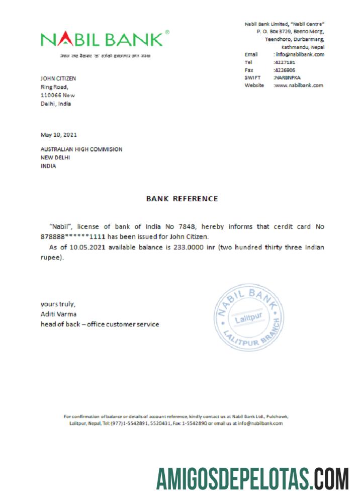 Referência do Banco Nabil da Índia modelo